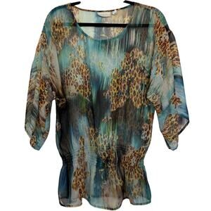 Chico's Teal Animal Print Sheer Blouse with flowy sleeves & elastic waist Medium